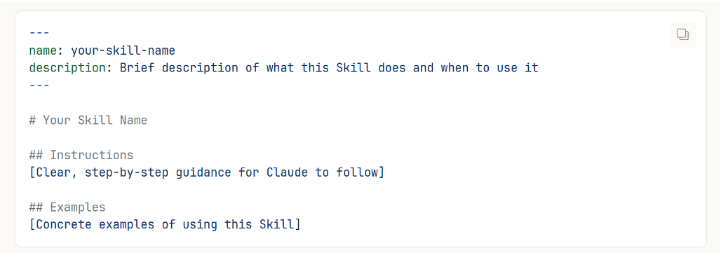 Dodaná reference SKILL.md: metadata name a description, dále sekce Instructions a Examples.